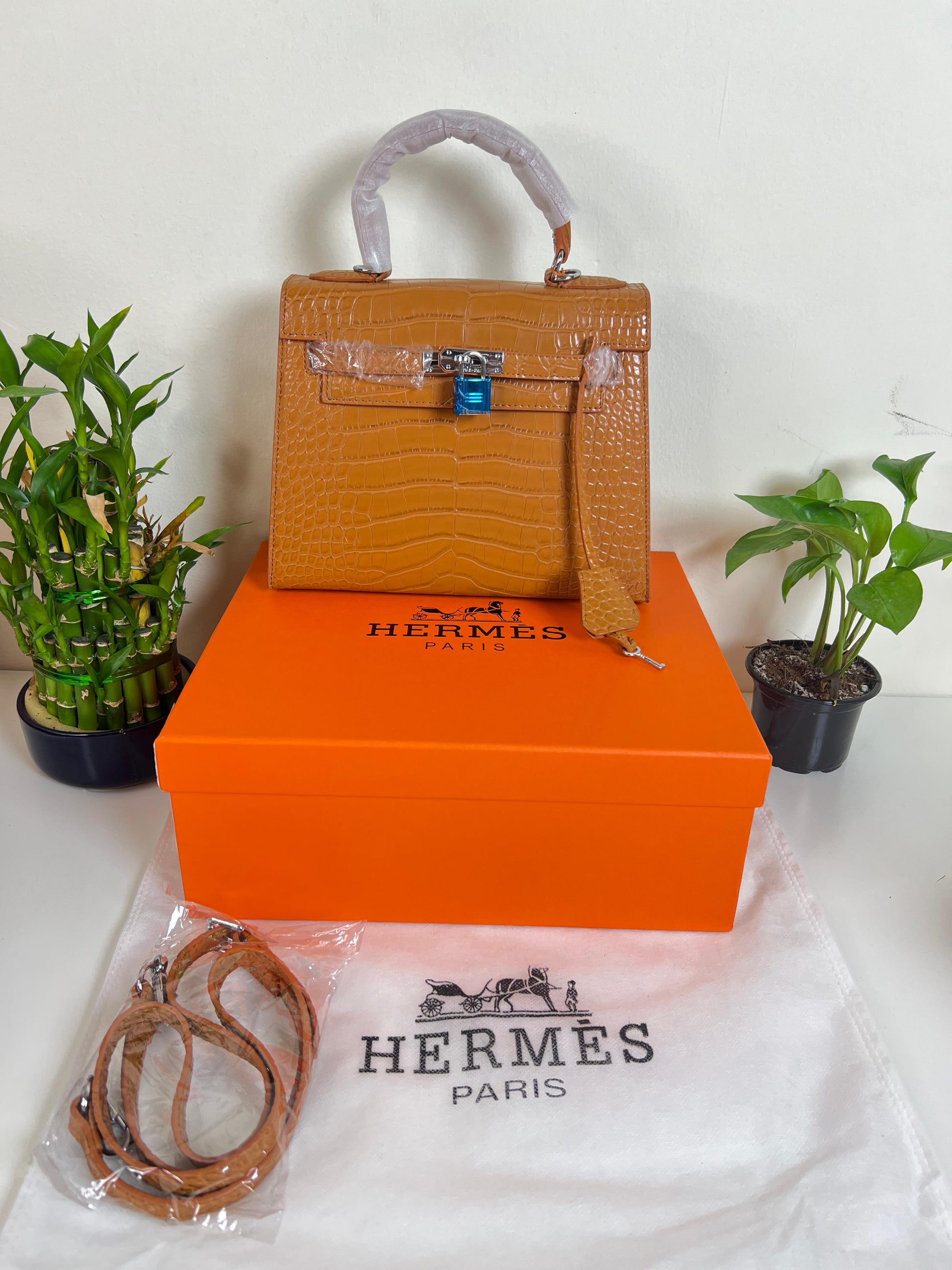 Hermes Crocodile Skin Small Carry Bag With Strap Brown