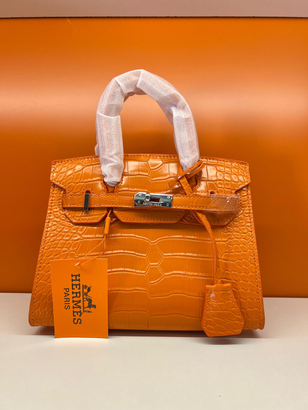 Hermes Birkin Crocodile Skin Small Carry Bag With Strap Orange