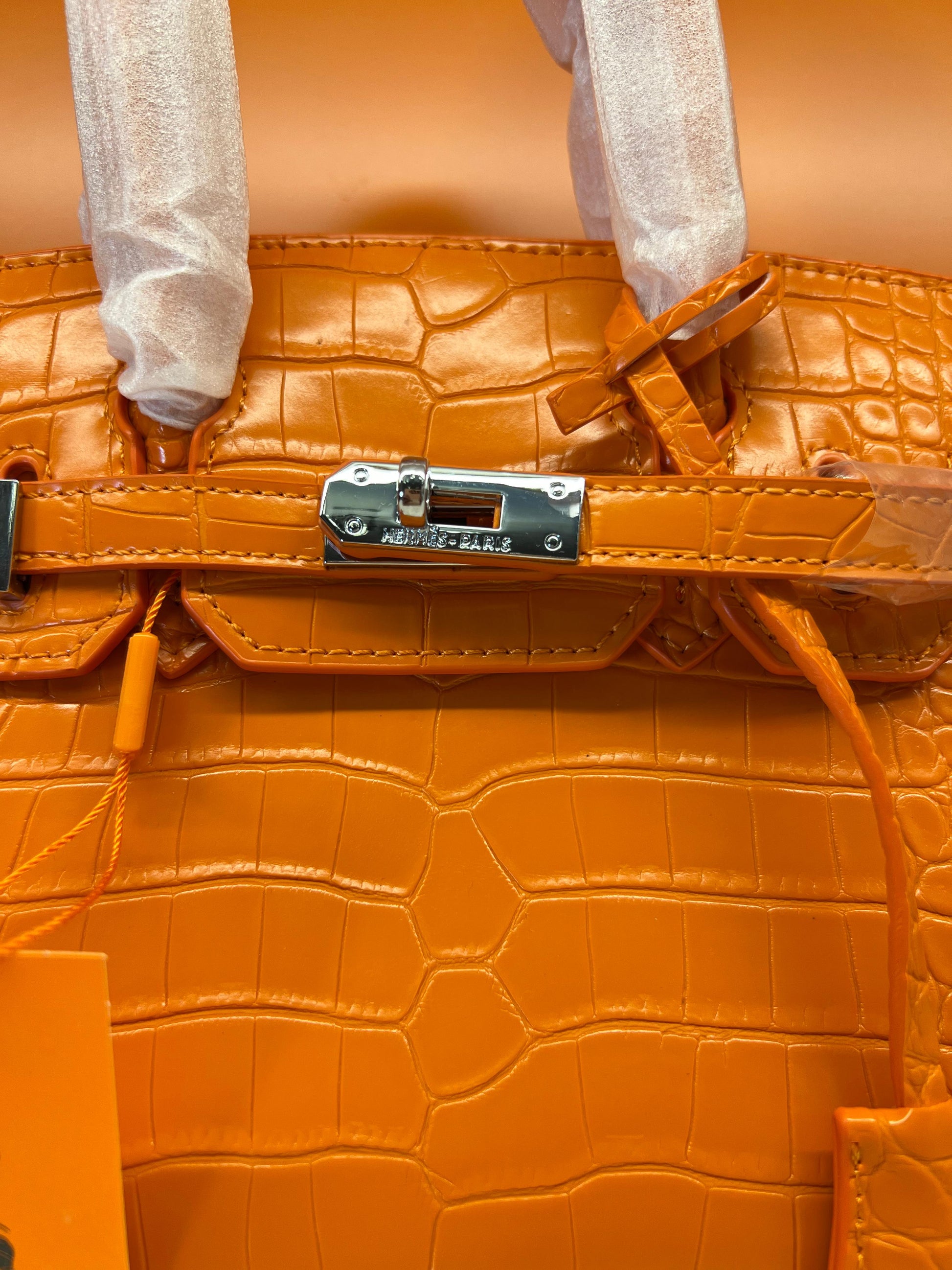 Hermes Birkin Crocodile Skin Small Carry Bag With Strap Orange