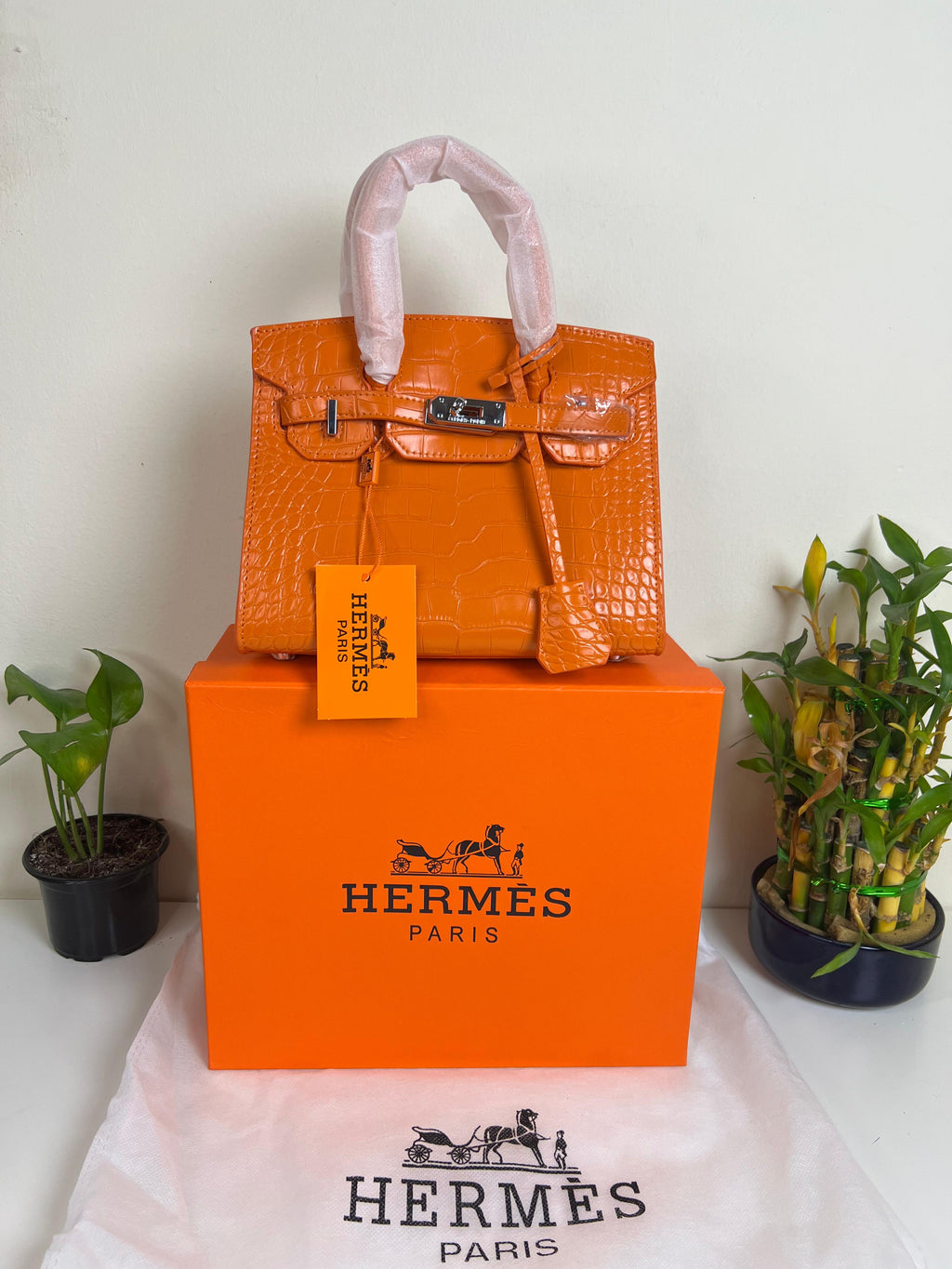 Hermes Birkin Crocodile Skin Small Carry Bag With Strap Orange