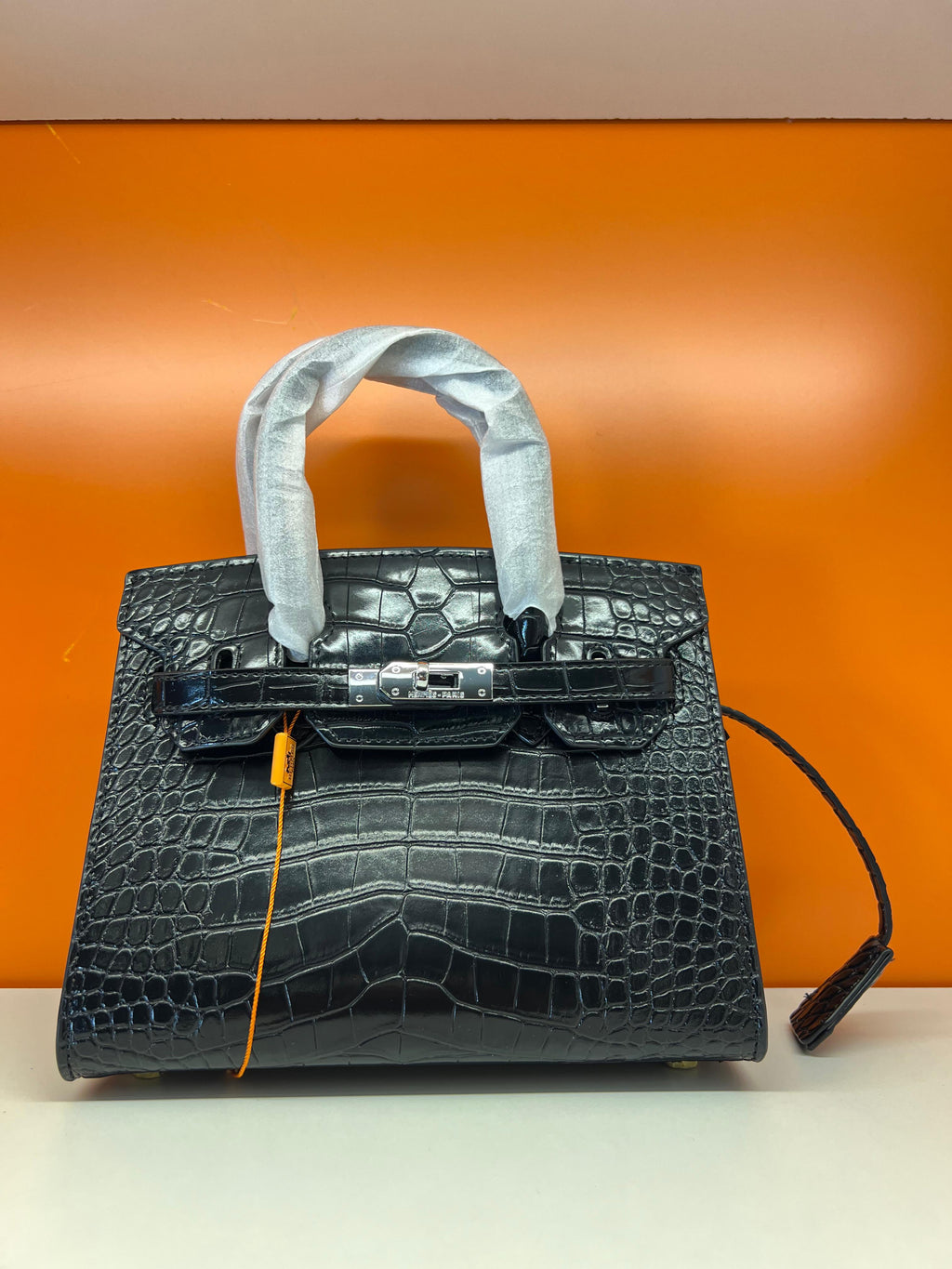 Hermes Birkin Crocodile Skin Small Carry Bag With Strap Black
