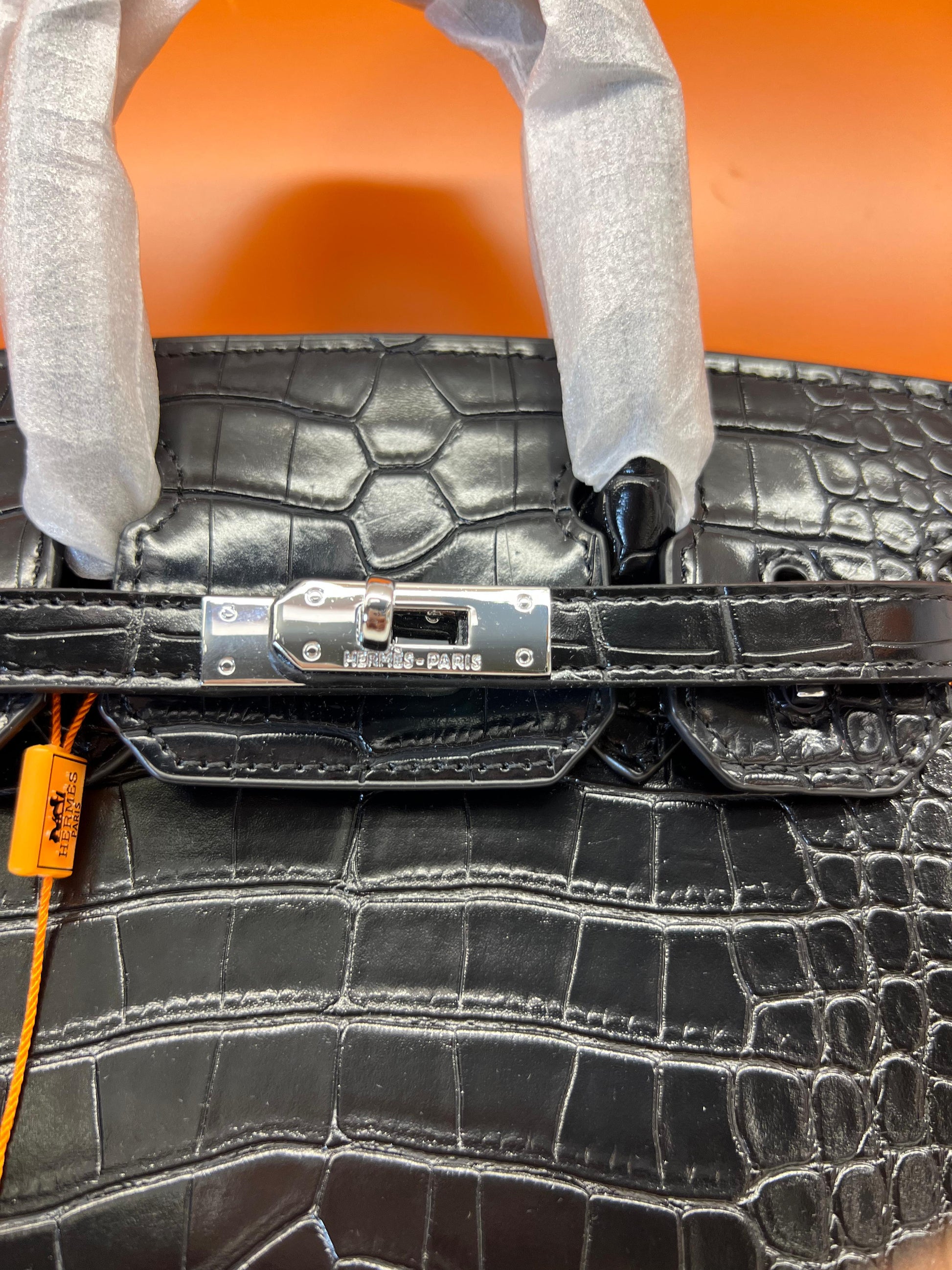 Hermes Birkin Crocodile Skin Small Carry Bag With Strap Black