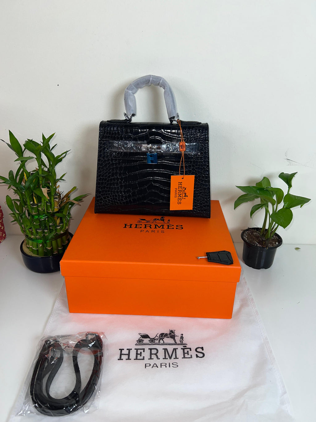 Hermes Birkin Crocodile Skin Small Carry Bag With Strap Black