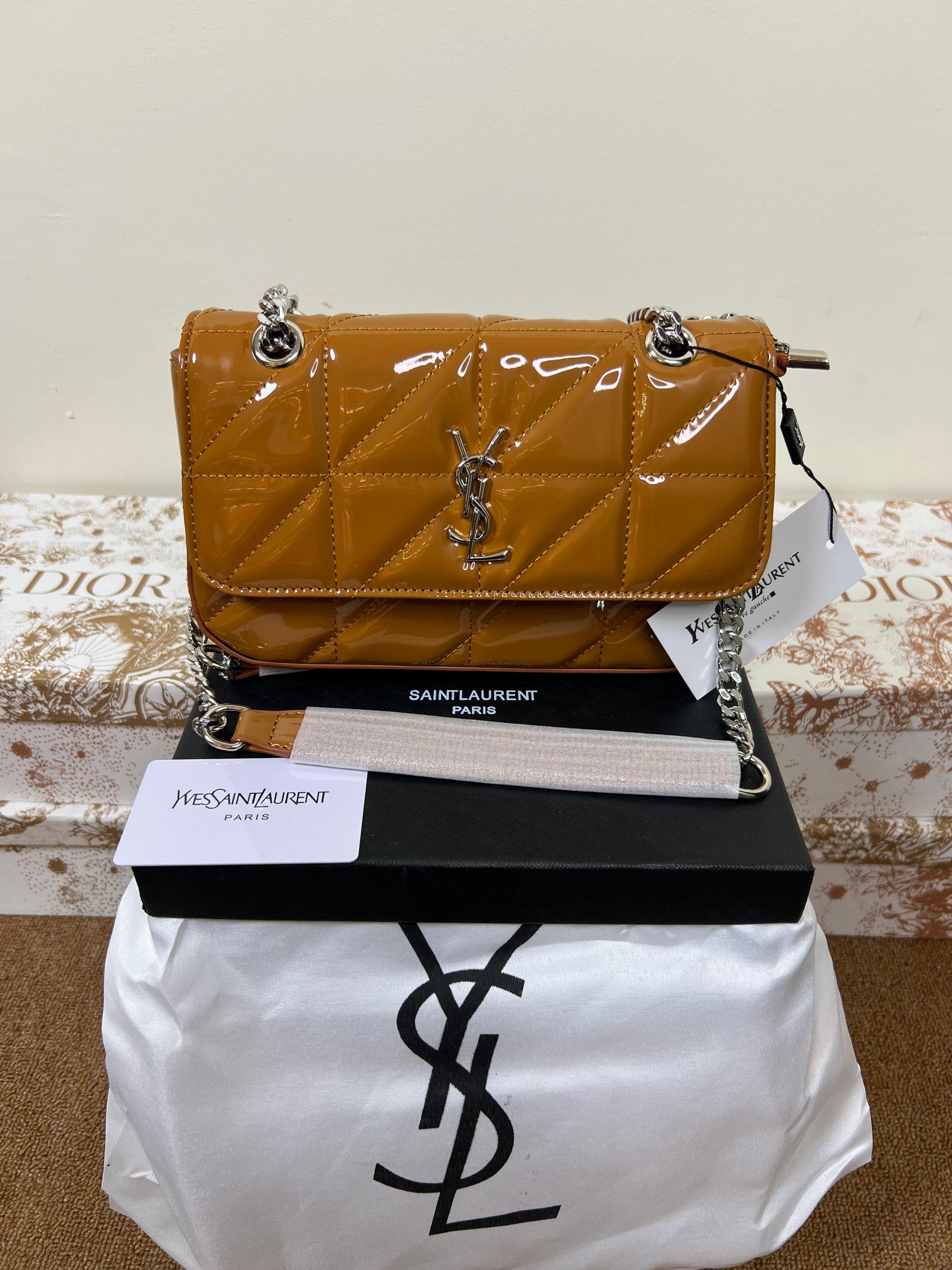 Saint Laurent YSL Small Chain Bag Shiny Brown