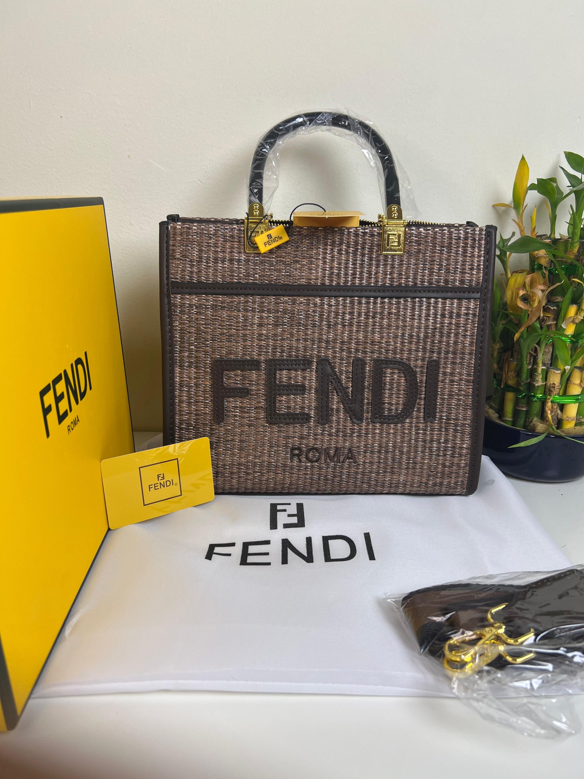 Fendi Sunshine Small Brown FF jacquard fabric bag