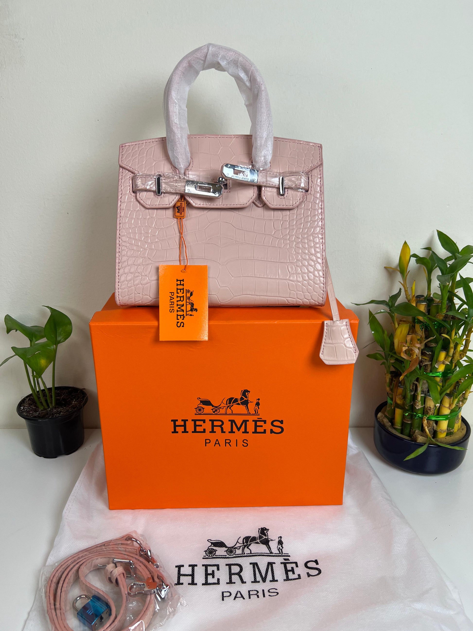 Hermes Birkin Crocodile Skin Small Carry Bag With Strap Pink