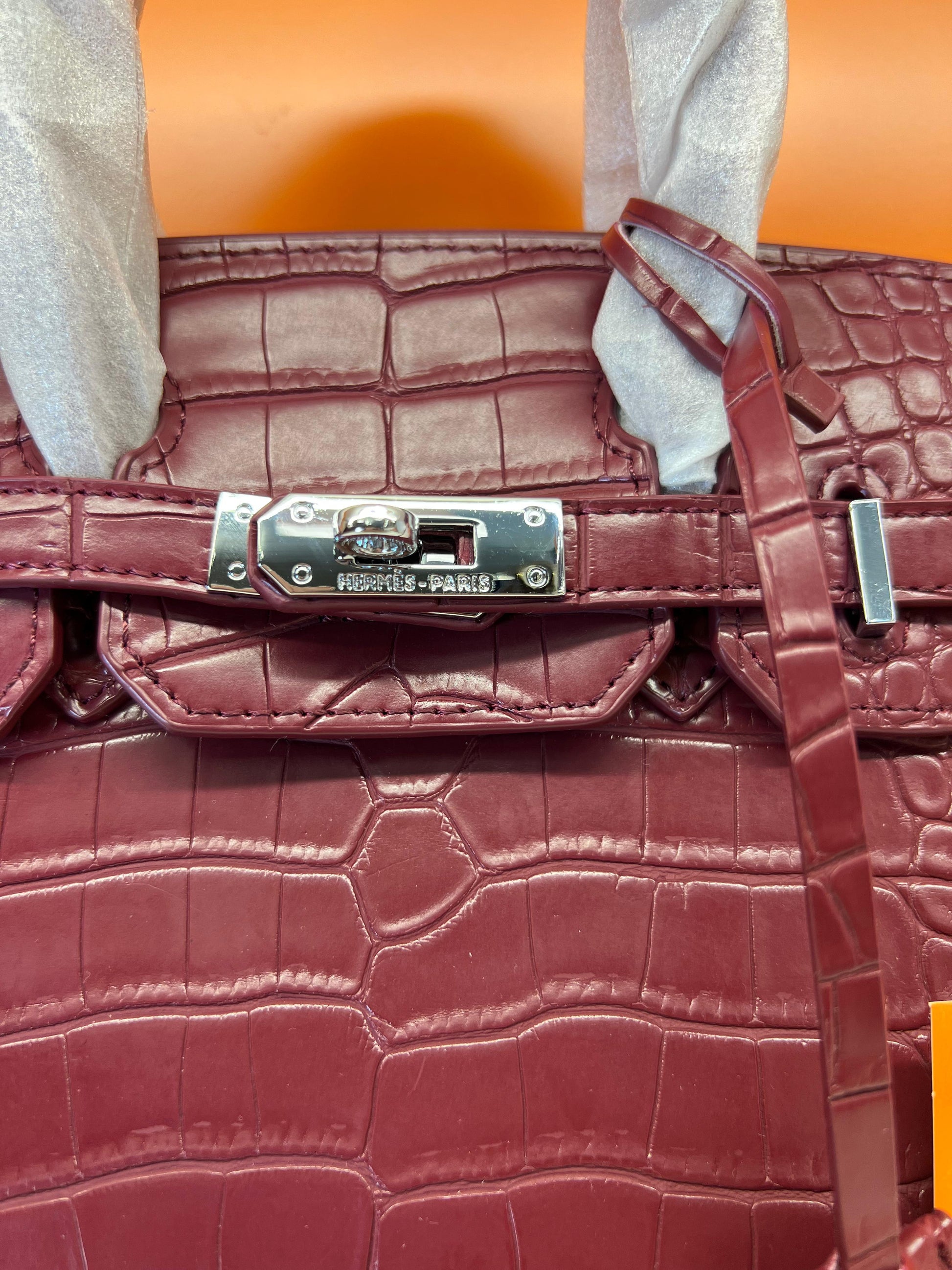 Hermes Birkin Crocodile Skin Small Carry Bag With Strap Meroon