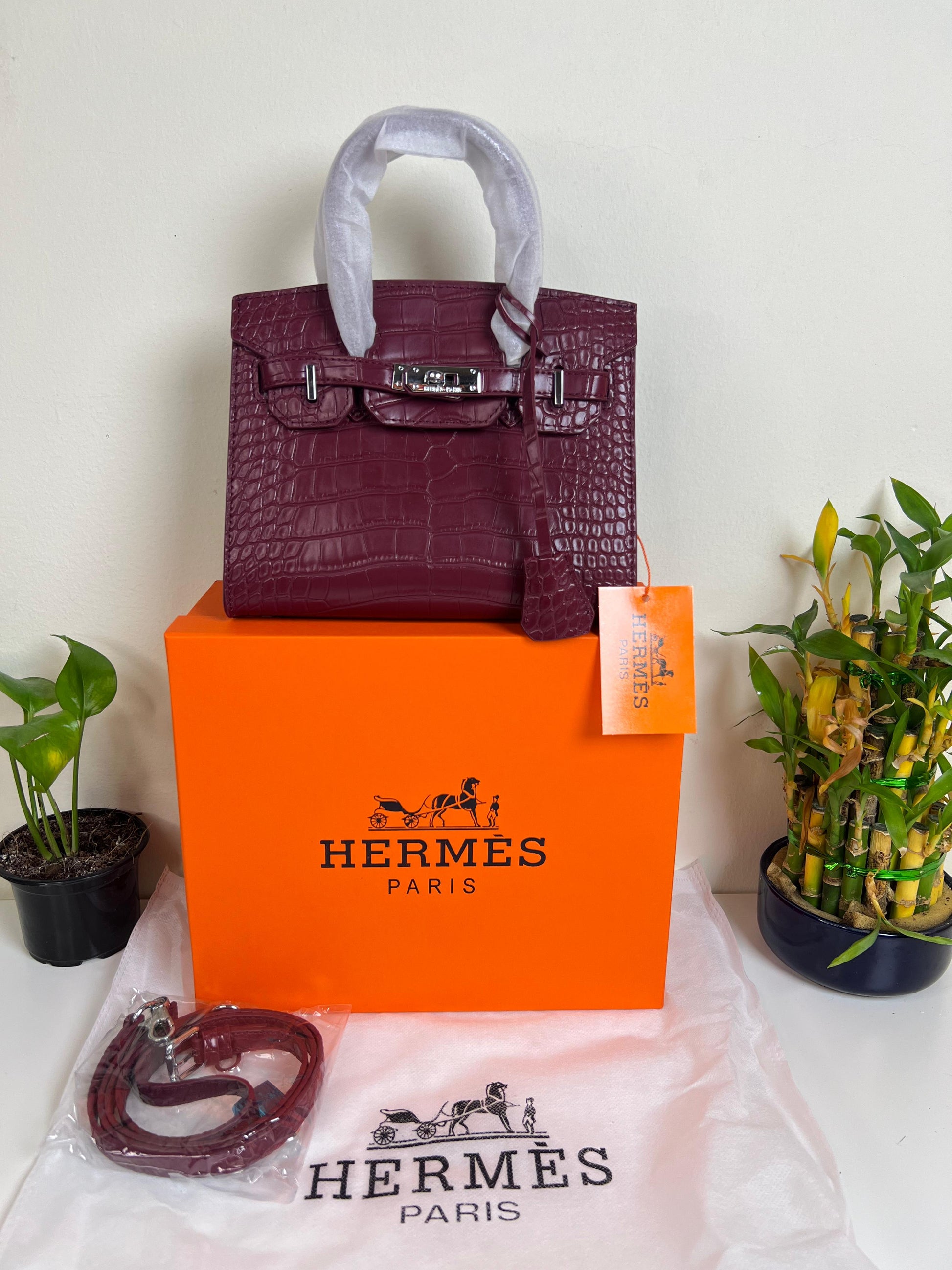 Hermes Birkin Crocodile Skin Small Carry Bag With Strap Meroon