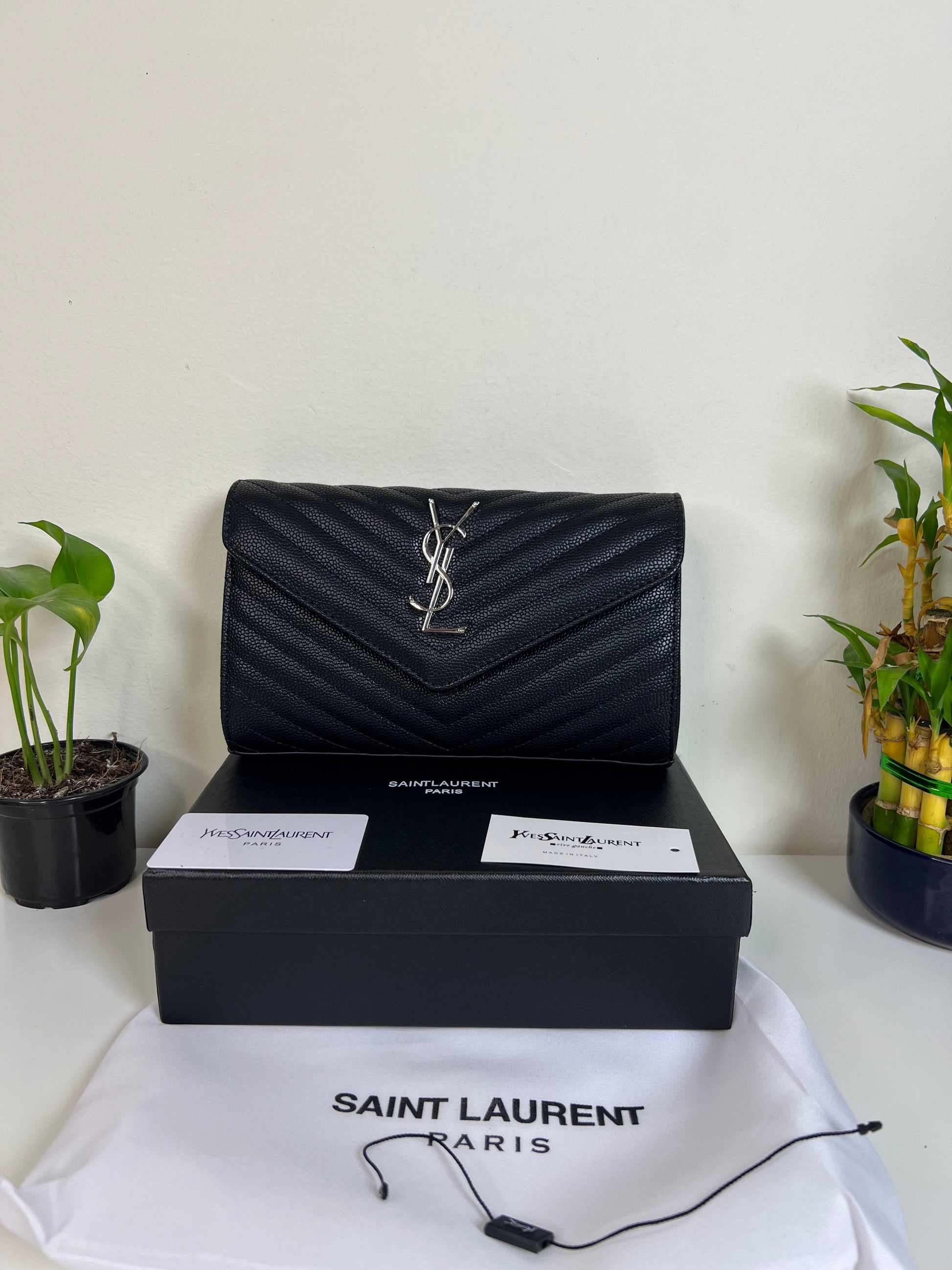 Saint Laurent YSL Cassandre Envelope Chain Wallet Black Matt