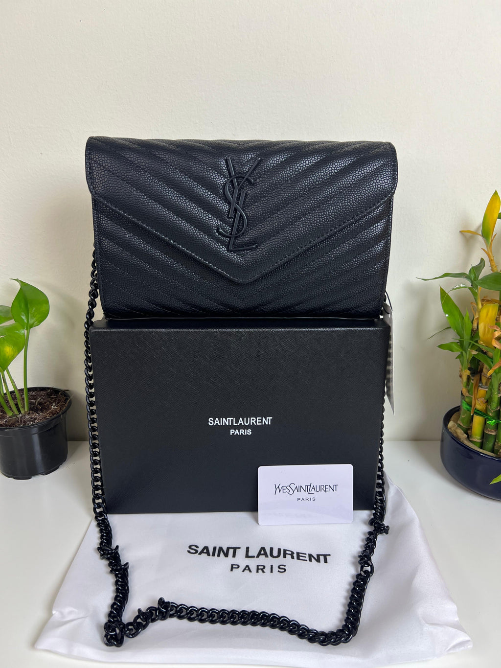 Saint Laurent YSL Cassandre Envelope Chain Wallet Black Matt