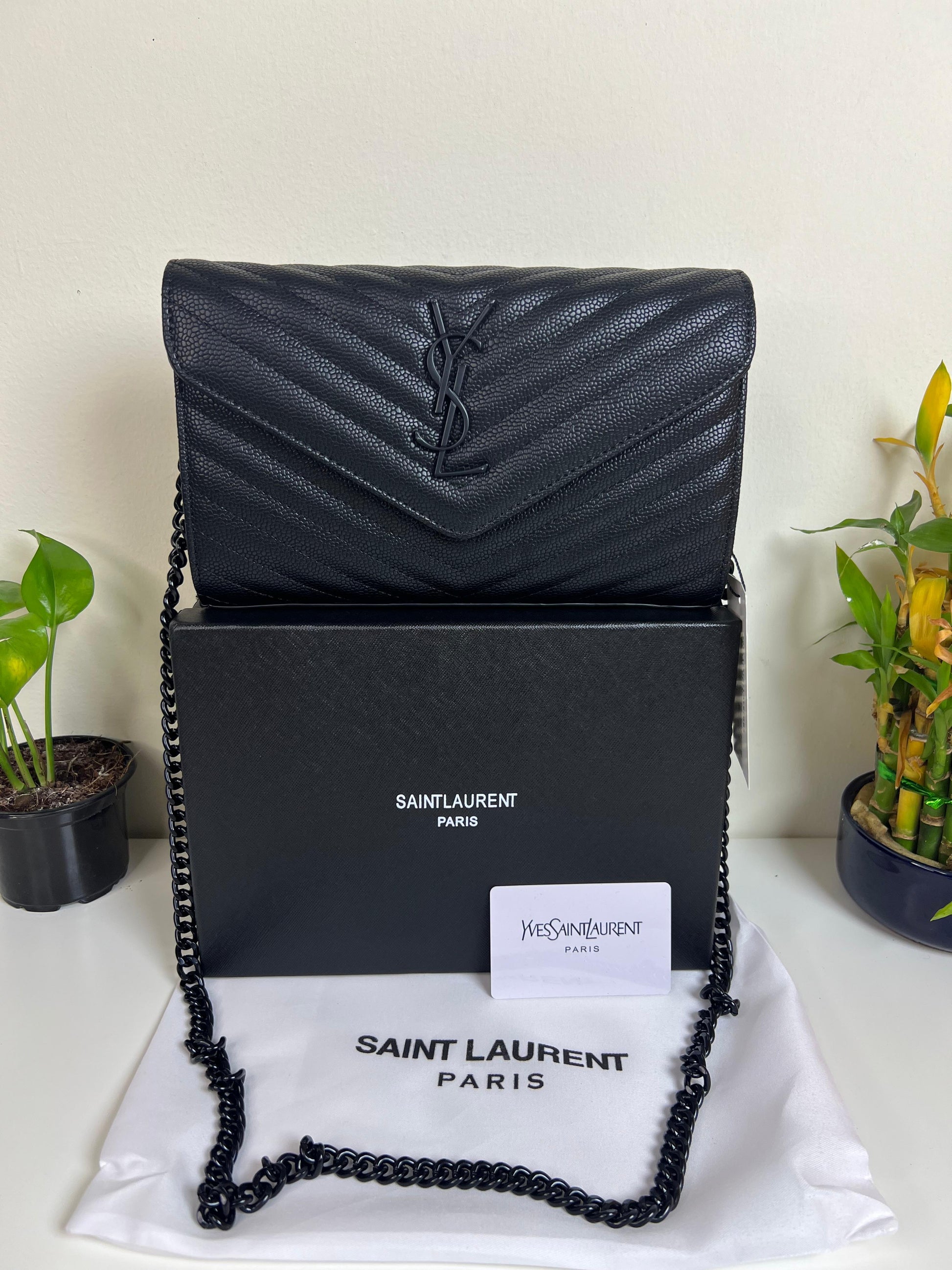 Saint Laurent YSL Cassandre Envelope Chain Wallet Black Matt